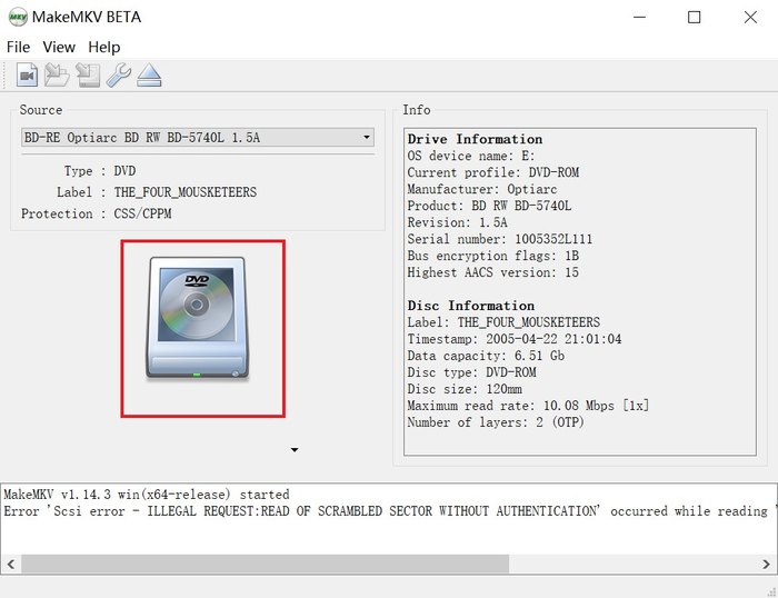 makemkv cliquer sur l'icône de dvd