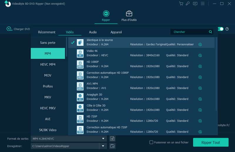 Format vidéo de sortie
